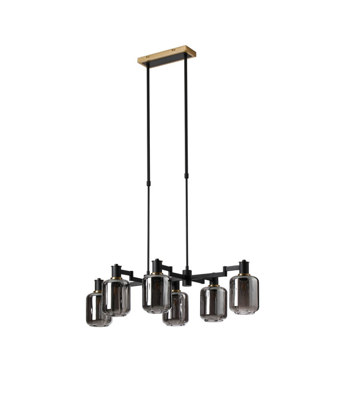 Worcester Swing Arm Telescopic Linear Pendant 6 Light E14 Brass/Satin Black/Smoke Striped Cylinder Glass-5