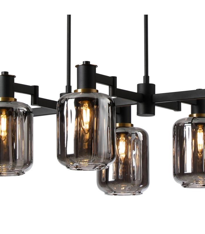 Worcester Swing Arm Telescopic Linear Pendant 6 Light E14 Brass/Satin Black/Smoke Striped Cylinder Glass-8