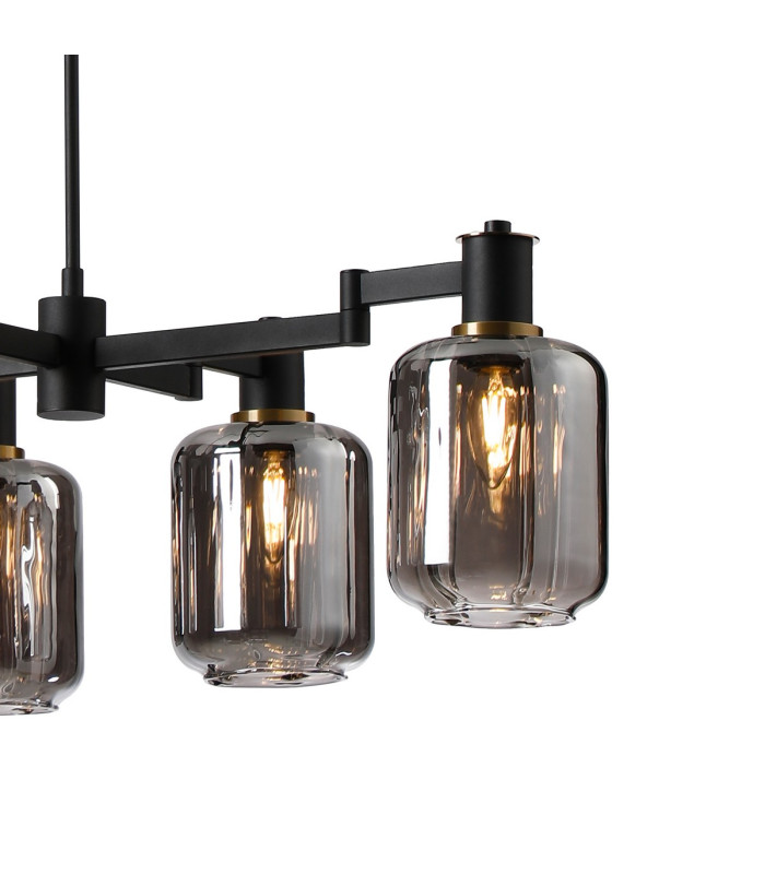 Worcester Swing Arm Telescopic Linear Pendant 6 Light E14 Brass/Satin Black/Smoke Striped Cylinder Glass-9