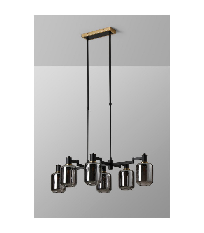 Worcester Swing Arm Telescopic Linear Pendant 6 Light E14 Brass/Satin Black/Smoke Striped Cylinder Glass-10