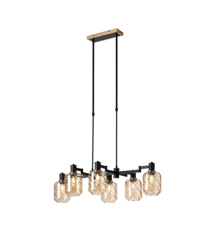 Worcester Swing Arm Telescopic Linear Pendant 6 Light E14 Brass/Satin Black/Amber Twisted Cylinder Glass-1