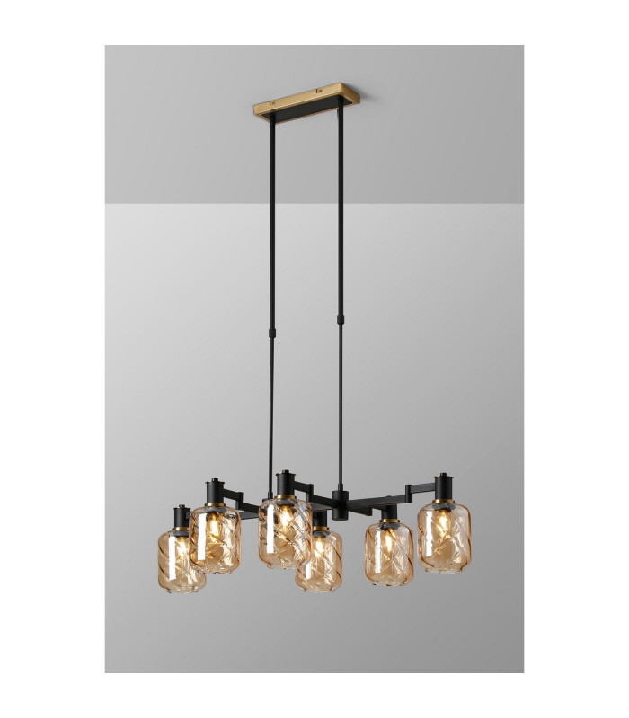 Worcester Swing Arm Telescopic Linear Pendant 6 Light E14 Brass/Satin Black/Amber Twisted Cylinder Glass-3