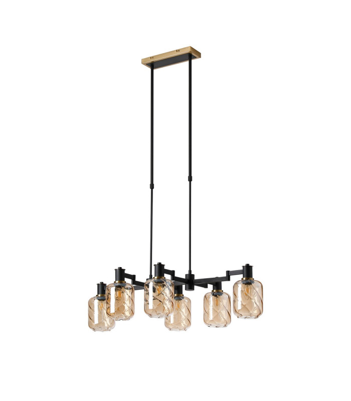 Worcester Swing Arm Telescopic Linear Pendant 6 Light E14 Brass/Satin Black/Amber Twisted Cylinder Glass-5