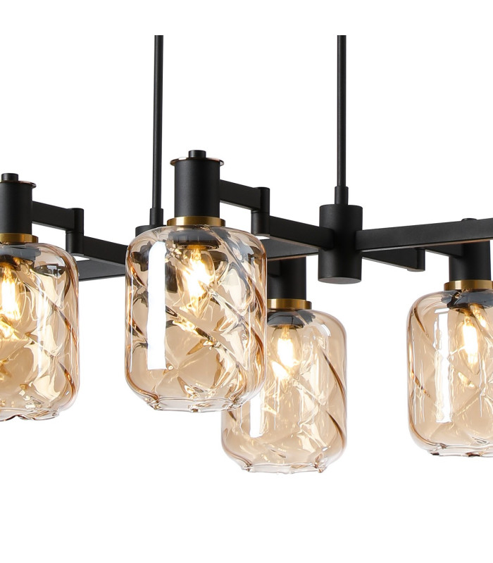 Worcester Swing Arm Telescopic Linear Pendant 6 Light E14 Brass/Satin Black/Amber Twisted Cylinder Glass-8
