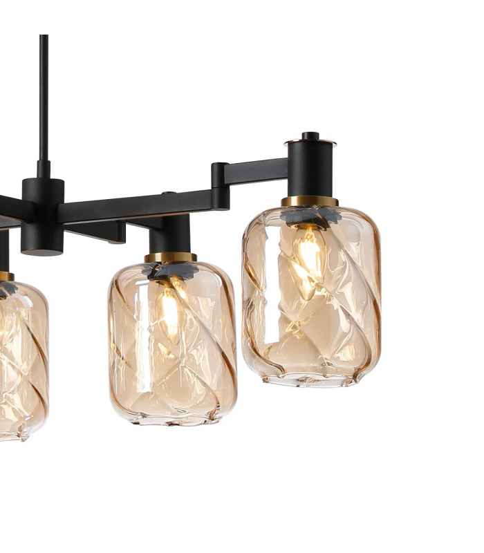 Worcester Swing Arm Telescopic Linear Pendant 6 Light E14 Brass/Satin Black/Amber Twisted Cylinder Glass-9