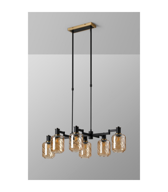 Worcester Swing Arm Telescopic Linear Pendant 6 Light E14 Brass/Satin Black/Amber Twisted Cylinder Glass-10