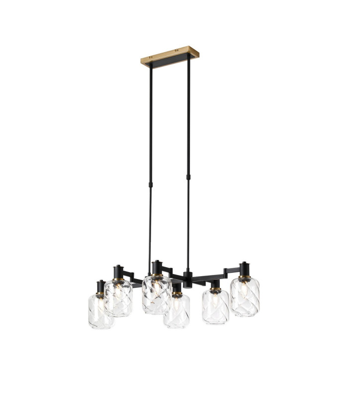 Worcester Swing Arm Telescopic Linear Pendant 6 Light E14 Brass/Satin Black/Clear Twisted Cylinder Glass-1