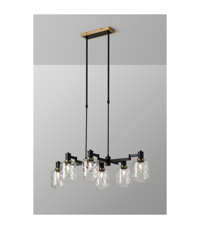 Worcester Swing Arm Telescopic Linear Pendant 6 Light E14 Brass/Satin Black/Clear Twisted Cylinder Glass-3