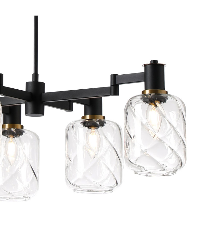 Worcester Swing Arm Telescopic Linear Pendant 6 Light E14 Brass/Satin Black/Clear Twisted Cylinder Glass-9