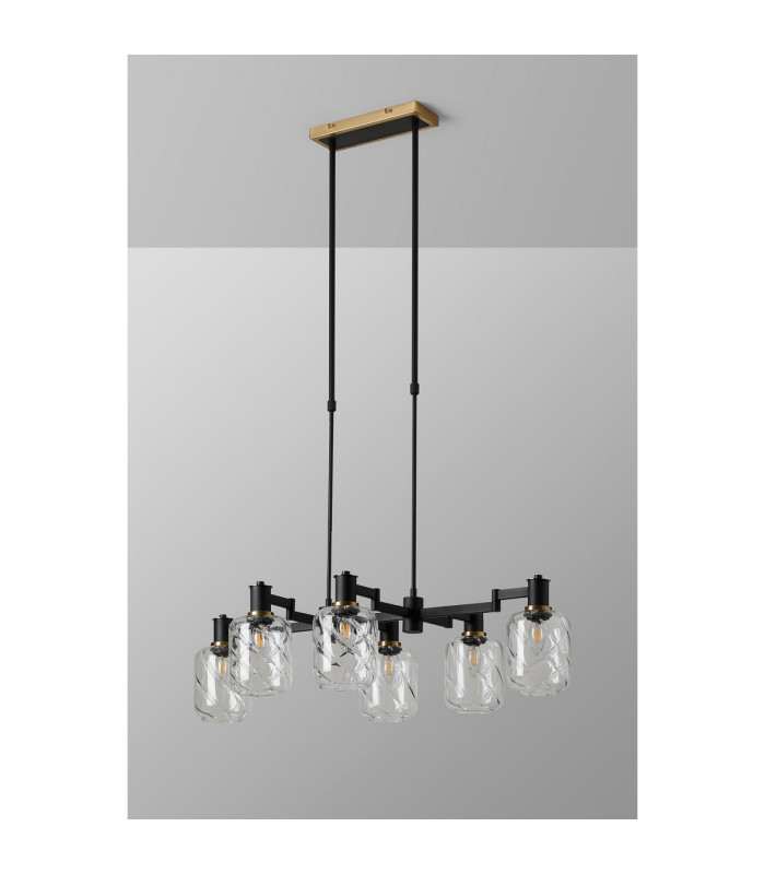 Worcester Swing Arm Telescopic Linear Pendant 6 Light E14 Brass/Satin Black/Clear Twisted Cylinder Glass-10