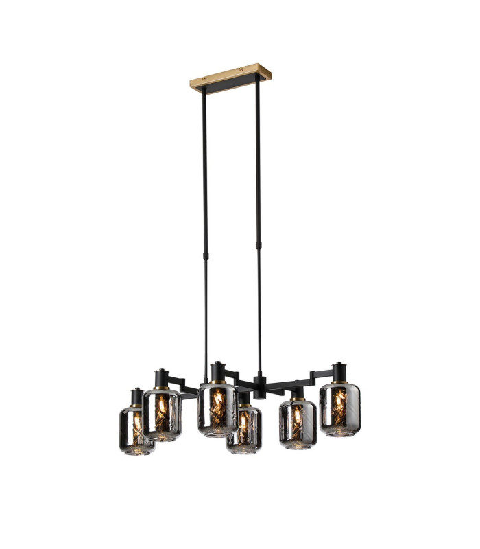 Worcester Swing Arm Telescopic Linear Pendant 6 Light E14 Brass/Satin Black/Smoke Twisted Cylinder Glass-1