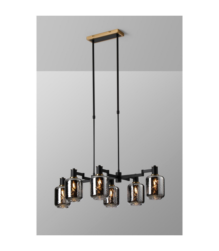 Worcester Swing Arm Telescopic Linear Pendant 6 Light E14 Brass/Satin Black/Smoke Twisted Cylinder Glass-3