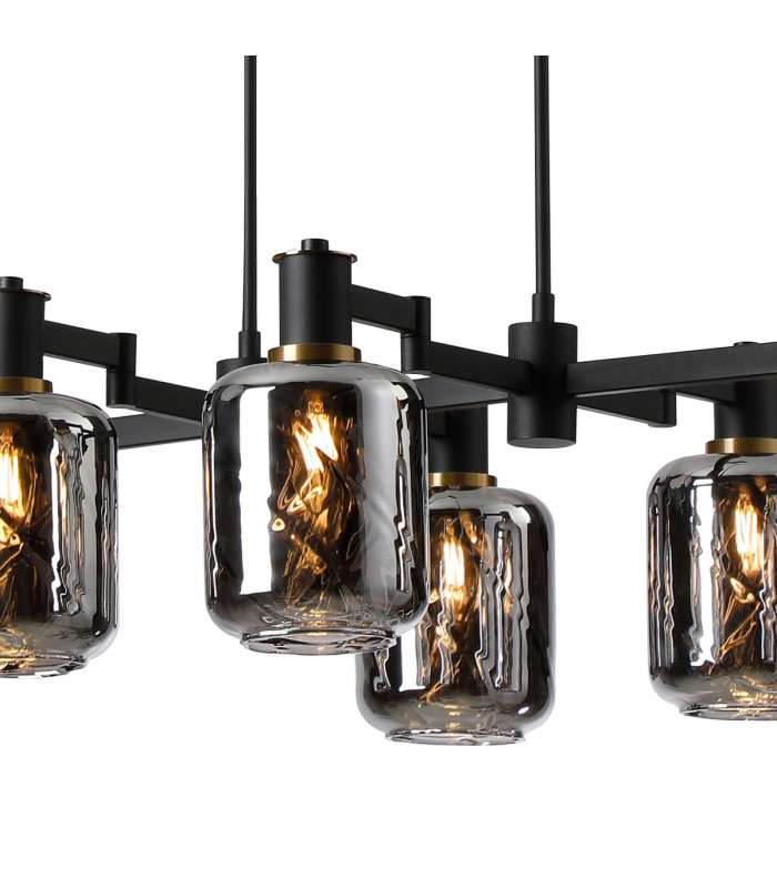 Worcester Swing Arm Telescopic Linear Pendant 6 Light E14 Brass/Satin Black/Smoke Twisted Cylinder Glass-8