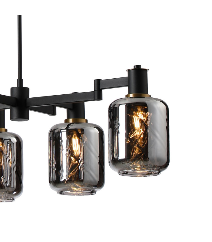 Worcester Swing Arm Telescopic Linear Pendant 6 Light E14 Brass/Satin Black/Smoke Twisted Cylinder Glass-9