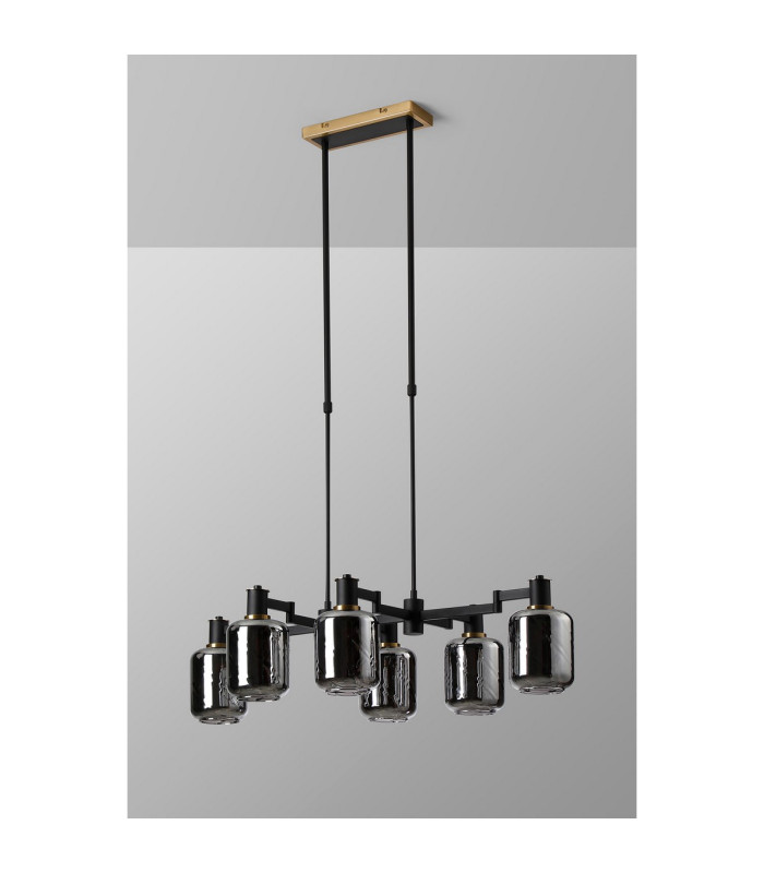 Worcester Swing Arm Telescopic Linear Pendant 6 Light E14 Brass/Satin Black/Smoke Twisted Cylinder Glass-10