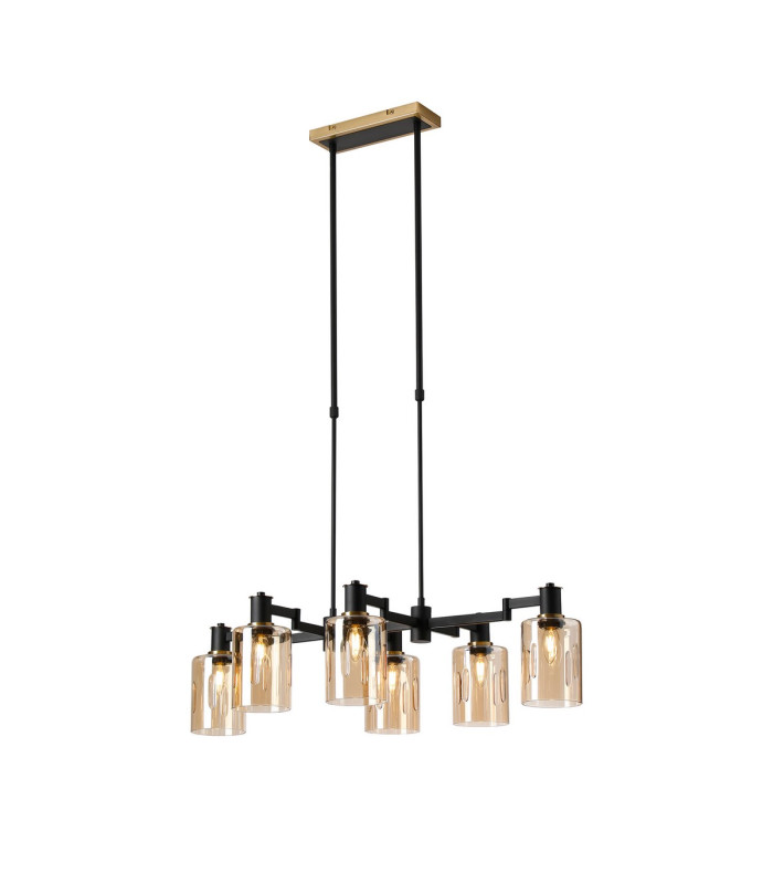 Worcester Swing Arm Telescopic Linear Pendant 6 Light E14 Brass/Satin Black/Amber Uniform Dimple Cylinder Glass-1