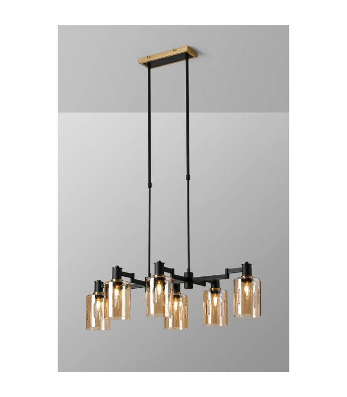 Worcester Swing Arm Telescopic Linear Pendant 6 Light E14 Brass/Satin Black/Amber Uniform Dimple Cylinder Glass-3