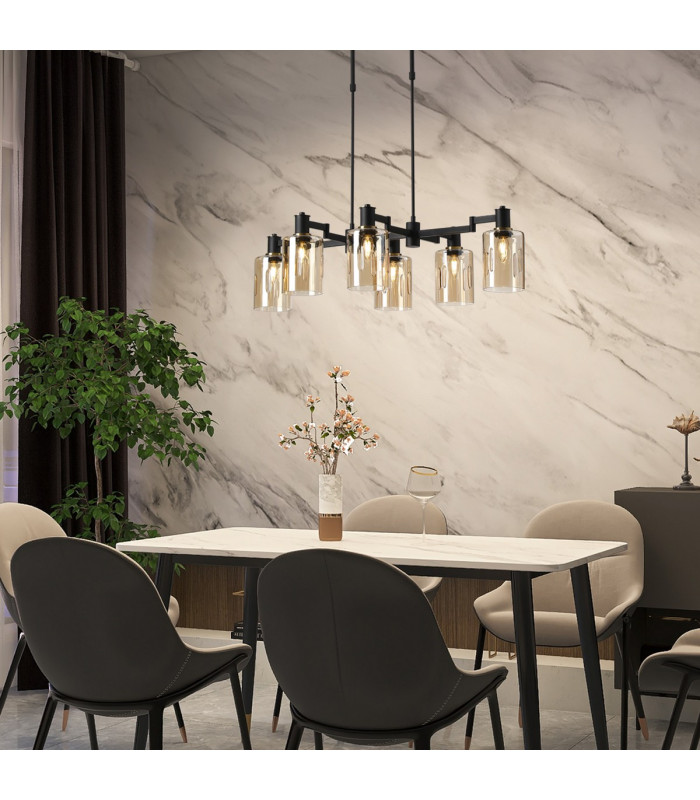 Worcester Swing Arm Telescopic Linear Pendant 6 Light E14 Brass/Satin Black/Amber Uniform Dimple Cylinder Glass-4