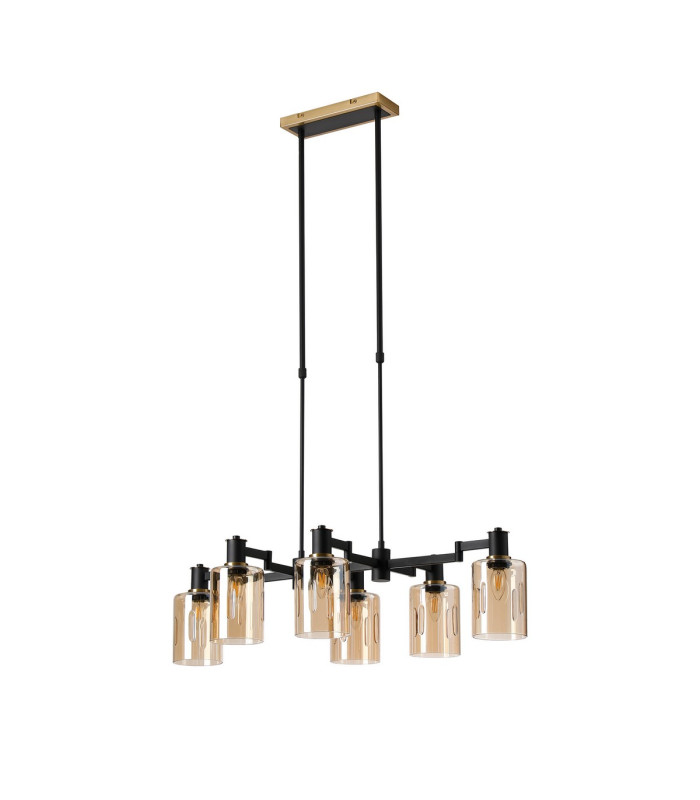Worcester Swing Arm Telescopic Linear Pendant 6 Light E14 Brass/Satin Black/Amber Uniform Dimple Cylinder Glass-6