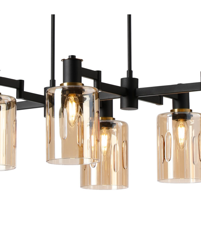 Worcester Swing Arm Telescopic Linear Pendant 6 Light E14 Brass/Satin Black/Amber Uniform Dimple Cylinder Glass-9