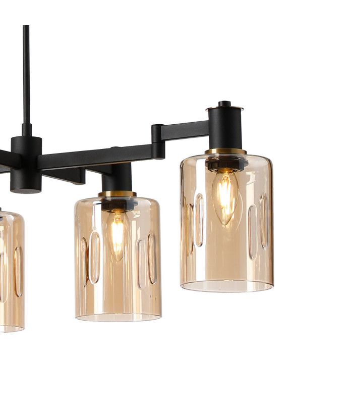 Worcester Swing Arm Telescopic Linear Pendant 6 Light E14 Brass/Satin Black/Amber Uniform Dimple Cylinder Glass-10