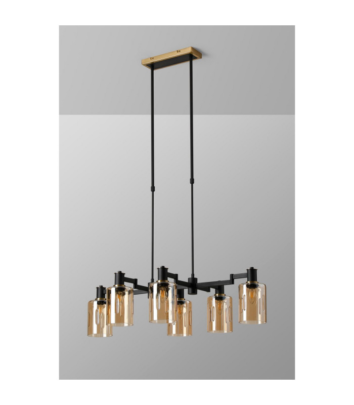 Worcester Swing Arm Telescopic Linear Pendant 6 Light E14 Brass/Satin Black/Amber Uniform Dimple Cylinder Glass-11