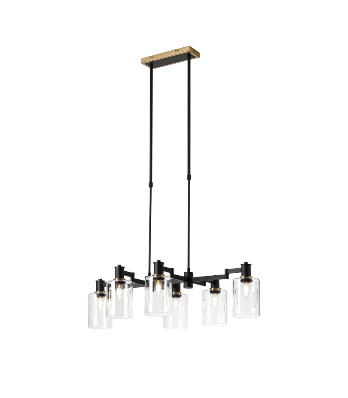 Worcester Swing Arm Telescopic Linear Pendant 6 Light E14 Brass/Satin Black/Clear Uniform Dimple Cylinder Glass-1