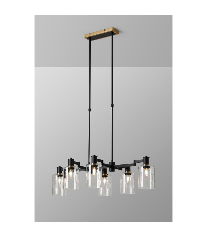 Worcester Swing Arm Telescopic Linear Pendant 6 Light E14 Brass/Satin Black/Clear Uniform Dimple Cylinder Glass-3