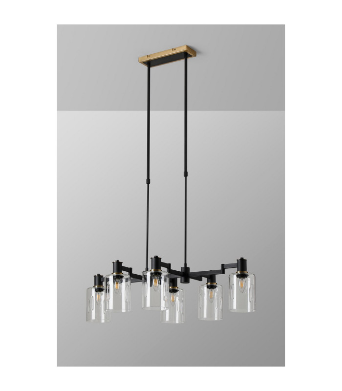 Worcester Swing Arm Telescopic Linear Pendant 6 Light E14 Brass/Satin Black/Clear Uniform Dimple Cylinder Glass-10