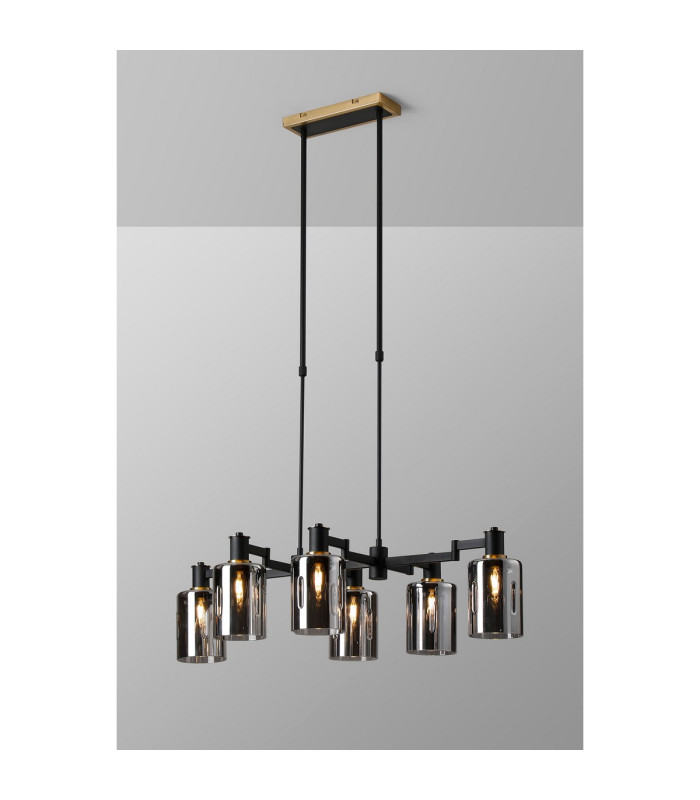 Worcester Swing Arm Telescopic Linear Pendant 6 Light E14 Brass/Satin Black/Smoke Uniform Dimple Cylinder Glass-3