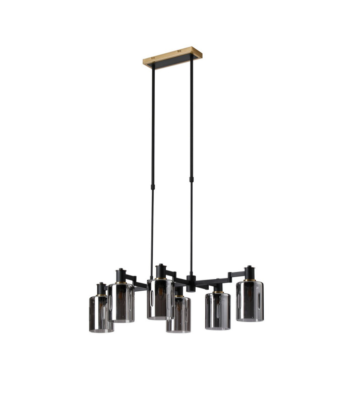 Worcester Swing Arm Telescopic Linear Pendant 6 Light E14 Brass/Satin Black/Smoke Uniform Dimple Cylinder Glass-5