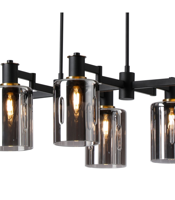 Worcester Swing Arm Telescopic Linear Pendant 6 Light E14 Brass/Satin Black/Smoke Uniform Dimple Cylinder Glass-8