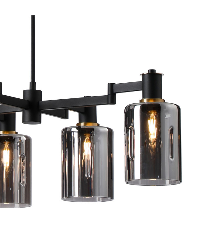 Worcester Swing Arm Telescopic Linear Pendant 6 Light E14 Brass/Satin Black/Smoke Uniform Dimple Cylinder Glass-9