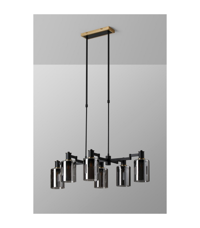 Worcester Swing Arm Telescopic Linear Pendant 6 Light E14 Brass/Satin Black/Smoke Uniform Dimple Cylinder Glass-10