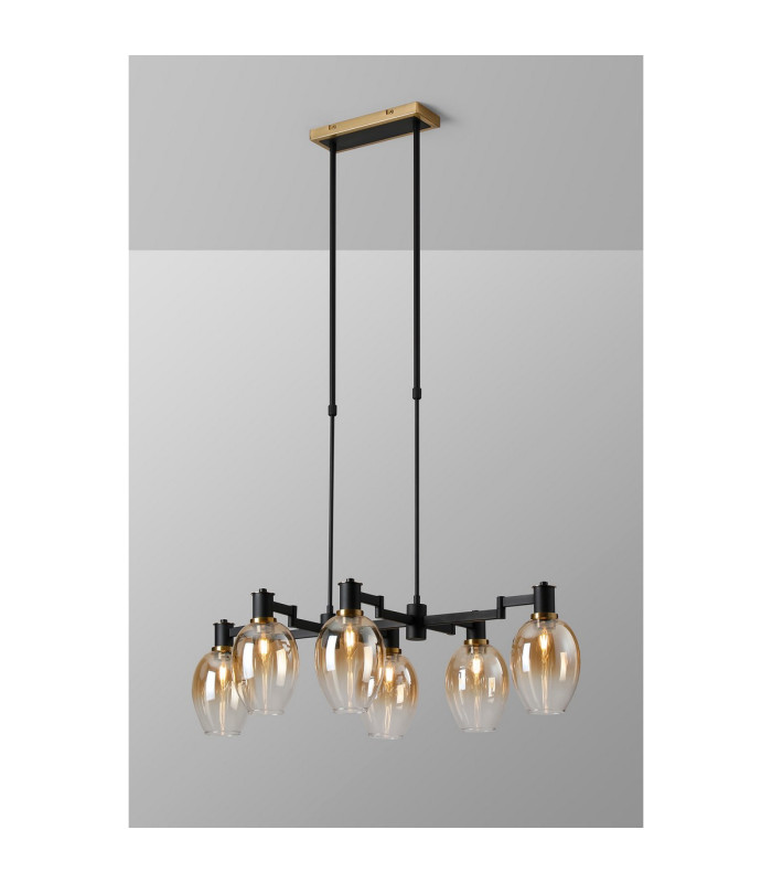 Worcester Swing Arm Telescopic Linear Pendant 6 Light E14 Brass/Satin Black/Amber Fade Wine Glass Glass-3