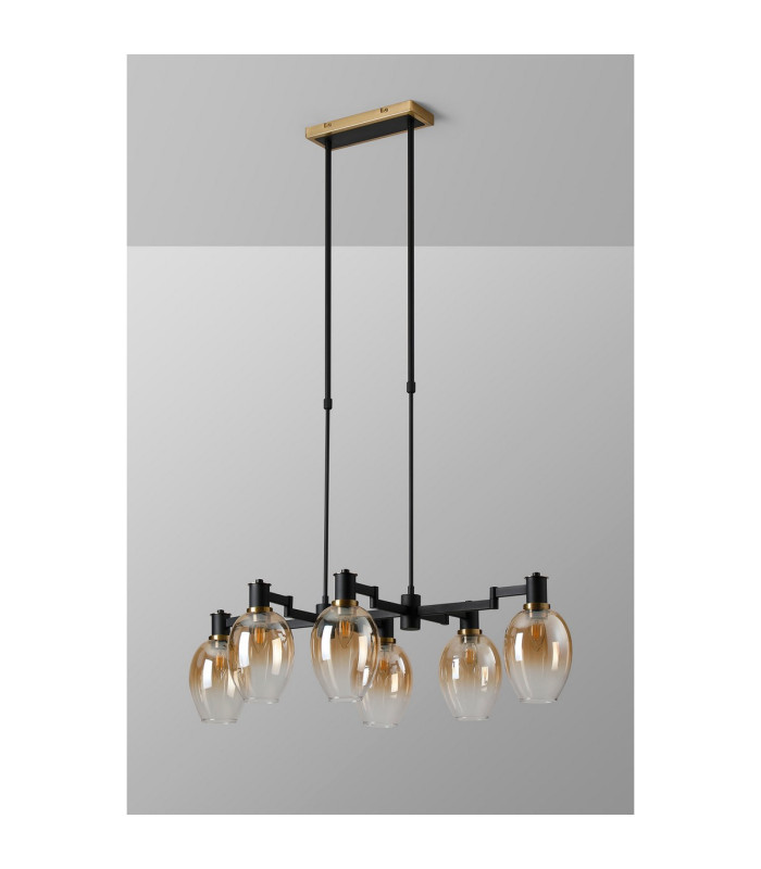 Worcester Swing Arm Telescopic Linear Pendant 6 Light E14 Brass/Satin Black/Amber Fade Wine Glass Glass-9