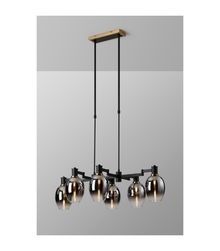 Worcester Swing Arm Telescopic Linear Pendant 6 Light E14 Brass/Satin Black/Smoke Fade Wine Glass Glass-3