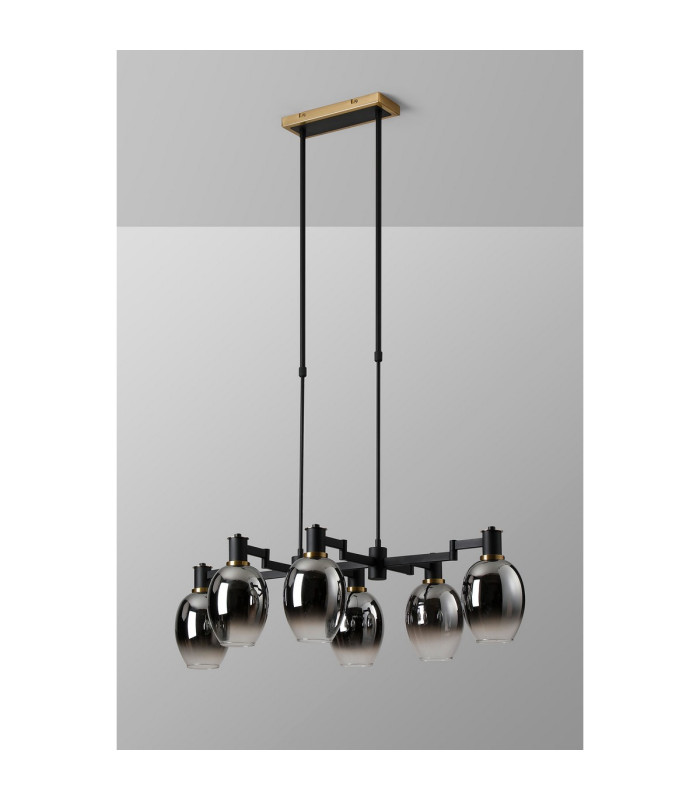 Worcester Swing Arm Telescopic Linear Pendant 6 Light E14 Brass/Satin Black/Smoke Fade Wine Glass Glass-9
