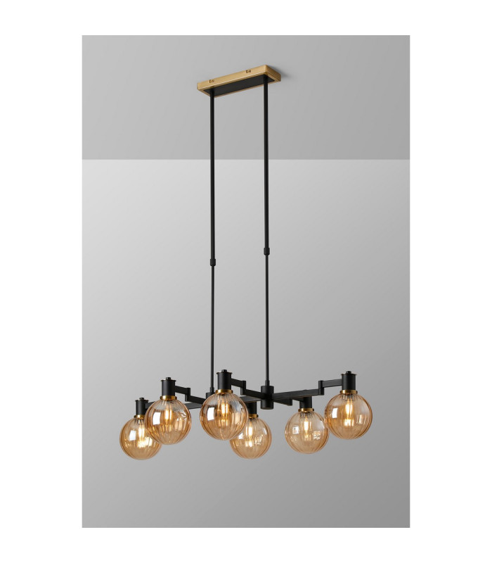 Worcester Swing Arm Telescopic Linear Pendant 6 Light E14 Brass/Satin Black/Amber Plated Round Segment Glass-3