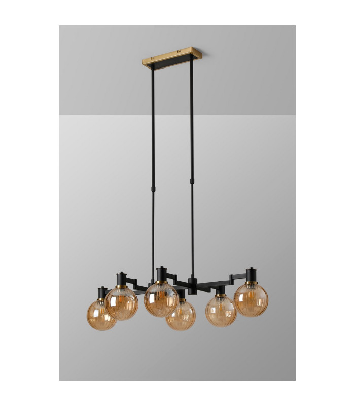 Worcester Swing Arm Telescopic Linear Pendant 6 Light E14 Brass/Satin Black/Amber Plated Round Segment Glass-9