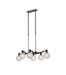 Worcester Swing Arm Telescopic Linear Pendant 6 Light E14 Brass/Satin Black/Clear Round Textured Diamond Pattern Glass-1