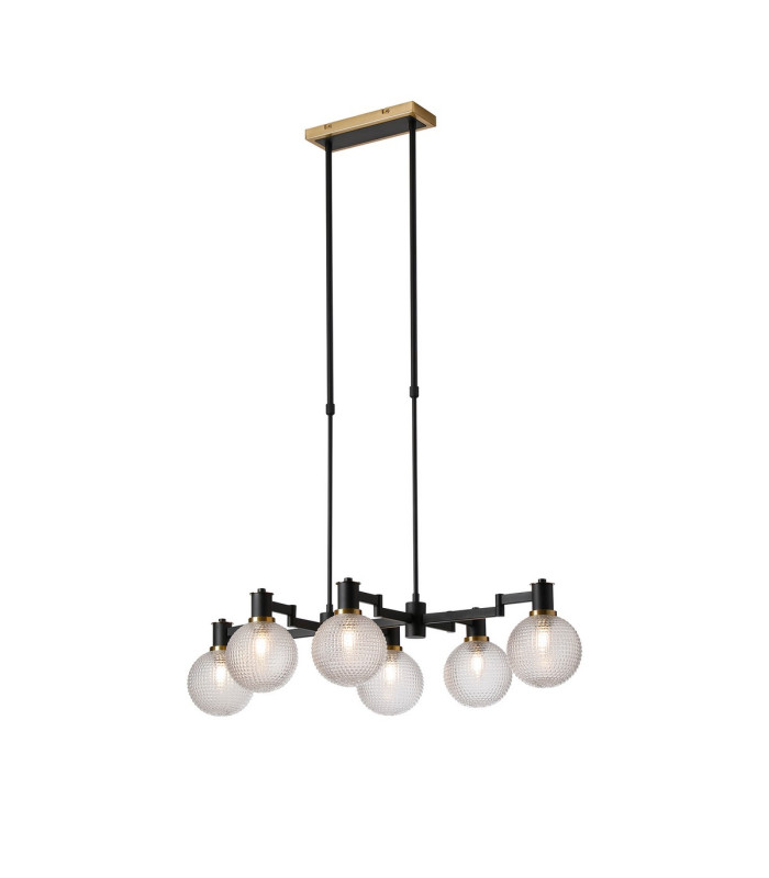 Worcester Swing Arm Telescopic Linear Pendant 6 Light E14 Brass/Satin Black/Clear Round Textured Diamond Pattern Glass-1