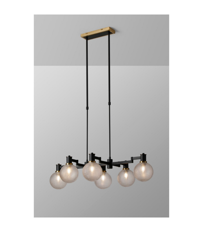 Worcester Swing Arm Telescopic Linear Pendant 6 Light E14 Brass/Satin Black/Clear Round Textured Diamond Pattern Glass-3