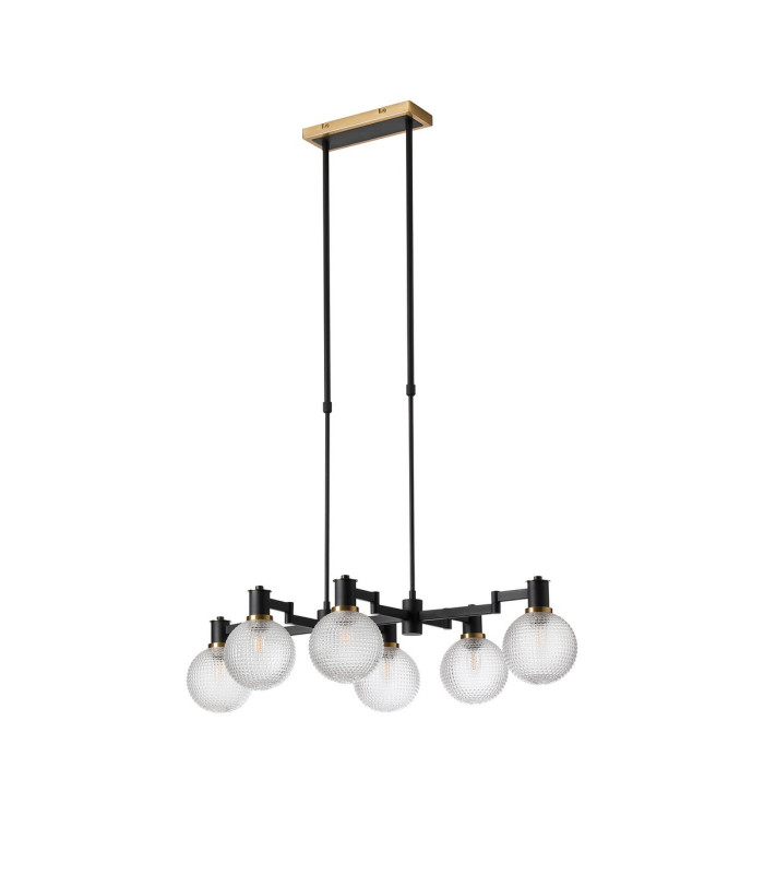 Worcester Swing Arm Telescopic Linear Pendant 6 Light E14 Brass/Satin Black/Clear Round Textured Diamond Pattern Glass-4