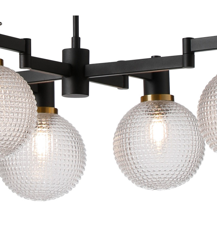 Worcester Swing Arm Telescopic Linear Pendant 6 Light E14 Brass/Satin Black/Clear Round Textured Diamond Pattern Glass-7