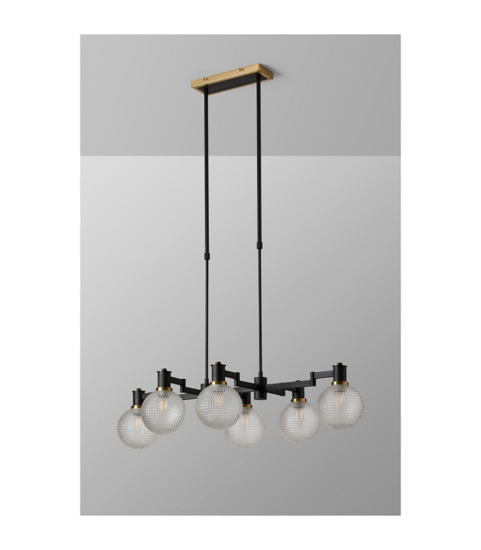 Worcester Swing Arm Telescopic Linear Pendant 6 Light E14 Brass/Satin Black/Clear Round Textured Diamond Pattern Glass-9