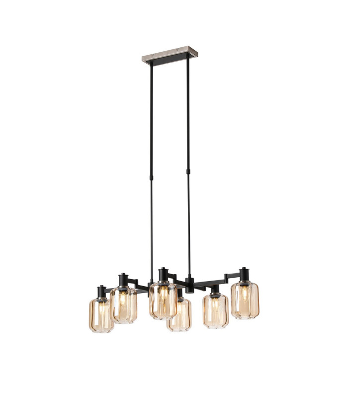 Worcester Swing Arm Telescopic Linear Pendant 6 Light E14 Satin Nickel/Satin Black/Amber Striped Cylinder Glass-1