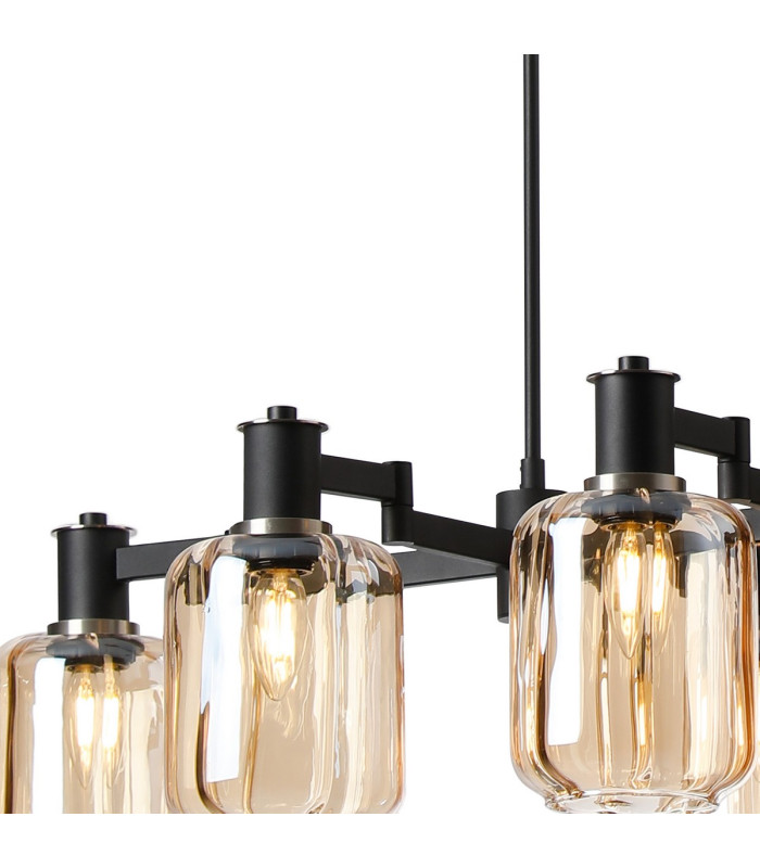 Worcester Swing Arm Telescopic Linear Pendant 6 Light E14 Satin Nickel/Satin Black/Amber Striped Cylinder Glass-6