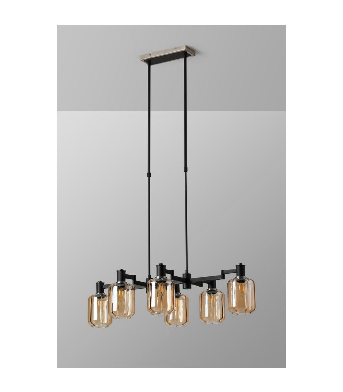 Worcester Swing Arm Telescopic Linear Pendant 6 Light E14 Satin Nickel/Satin Black/Amber Striped Cylinder Glass-9