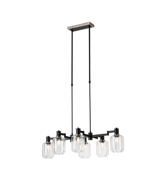 Worcester Swing Arm Telescopic Linear Pendant 6 Light E14 Satin Nickel/Satin Black/Clear Striped Cylinder Glass-1